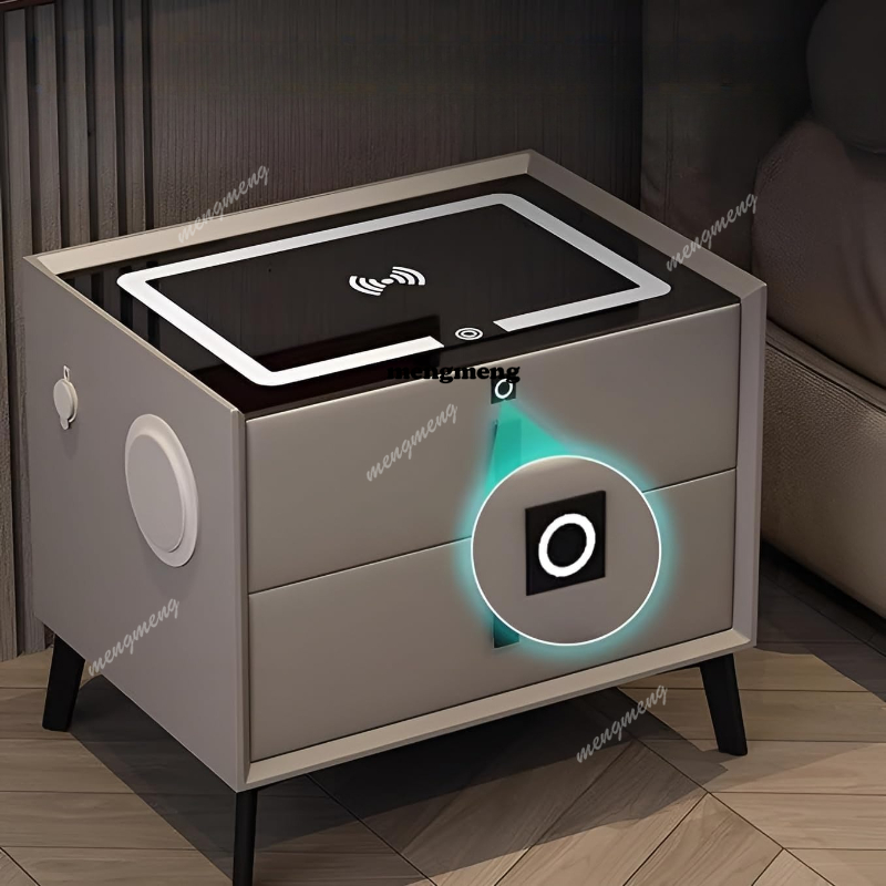Solid Wood Nightstand 2 Drawers - โต๊ะข้างเตียงไม้แท้พร้อมที่ชาร์จไร้สาย ล็อคด้วยลายนิ้วมือ ลำโพง และช่องเสียบ USB ชาร์จไฟ