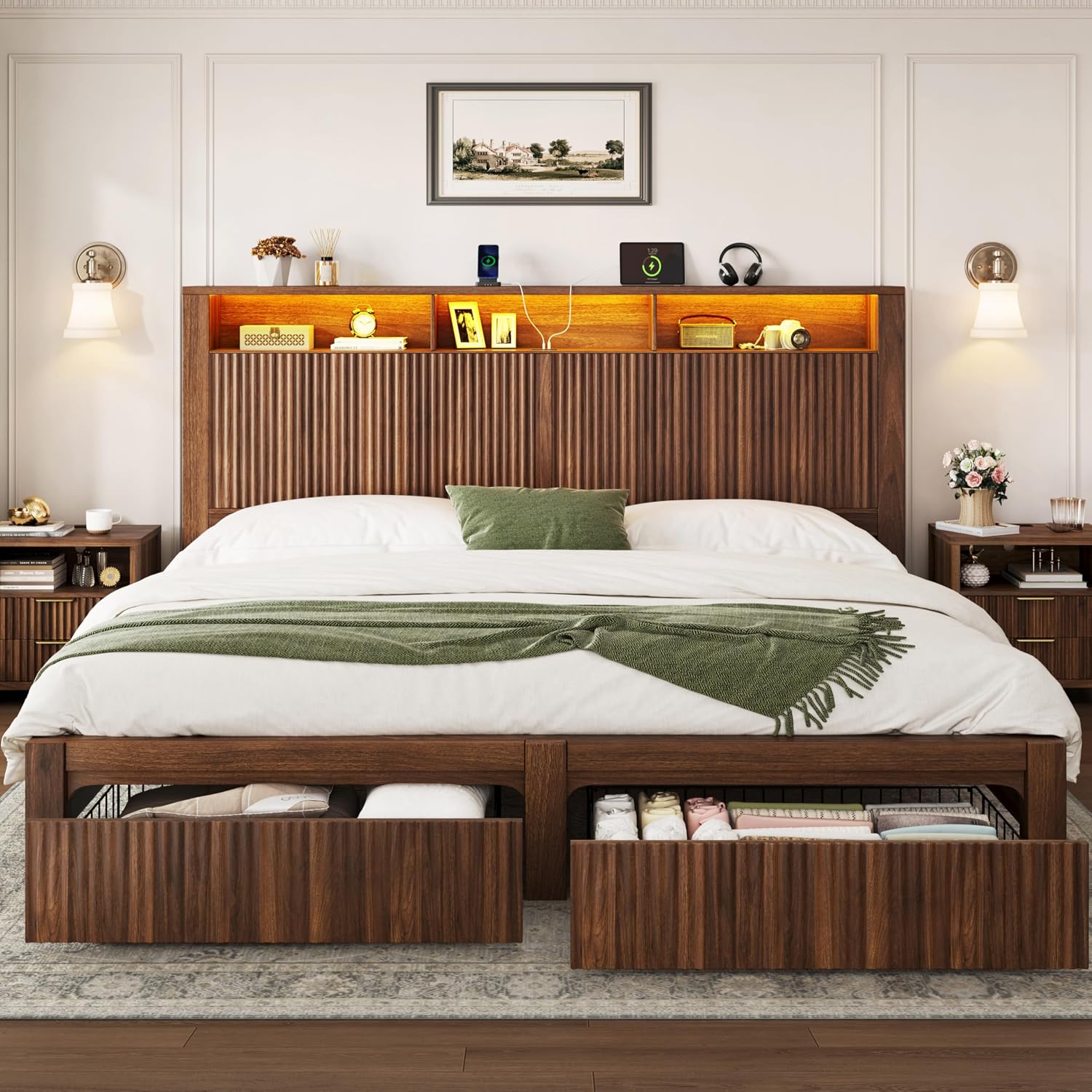 King Size Bed Frame With Storage Drawers - โครงเตียงขนาดคิงไซส์พร้อมหัวเตียงและลิ้นชักเก็บของ 2 ช่อง สีวอลนัท | ไฟ