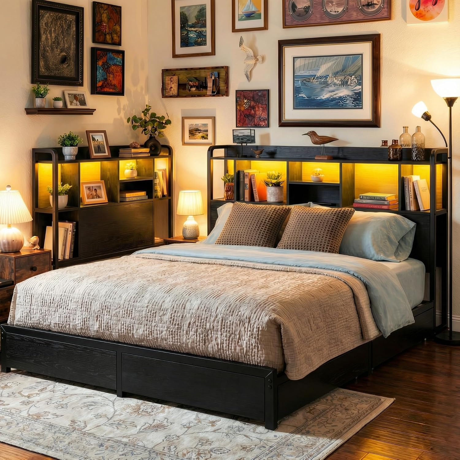 King Size Bed Frame With Storage Drawers - โครงเตียงขนาดคิงไซส์พร้อมที่เก็บของ หัวเตียงมีลิ้นชักขนาดใหญ่ 4 ช่อง ทำจากโลหะ สามารถปรับแต่งได้