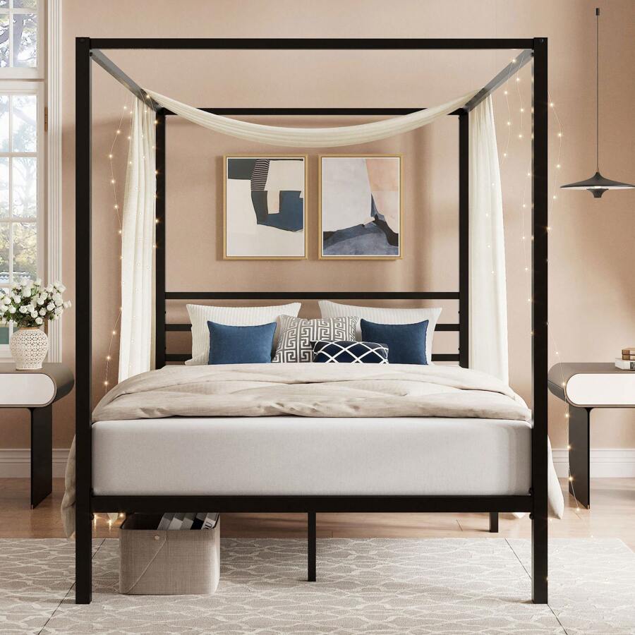 Canopy Bed Frame Metal Queen - โครงเตียงทรงหลังคาสีดำ ขนาดฟูล/ควีน เตียงโครงเหล็กทรงหลังคาพร้อมเสา 4 เสา ฐานรองที่นอนพร้อมแผ่นรองรับโลหะ