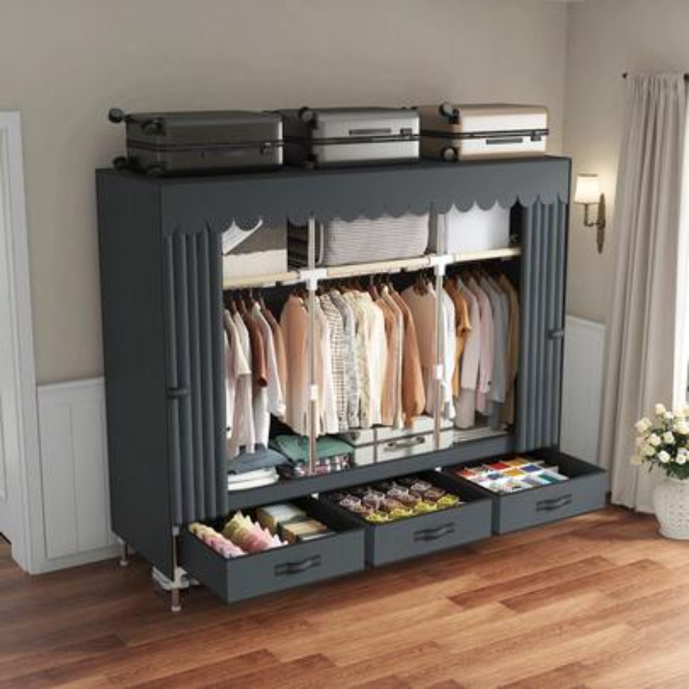 Wardrobe Closet Portable Fabric Cover - ตู้เสื้อผ้าแบบพกพา, โครงเหล็กแข็งแรงหนา 16 มม., ผ้าคลุมไม่ทอ, ราวแขวนเสื้อผ้าแบบตั้งพื้นพร้อมราวแขวน