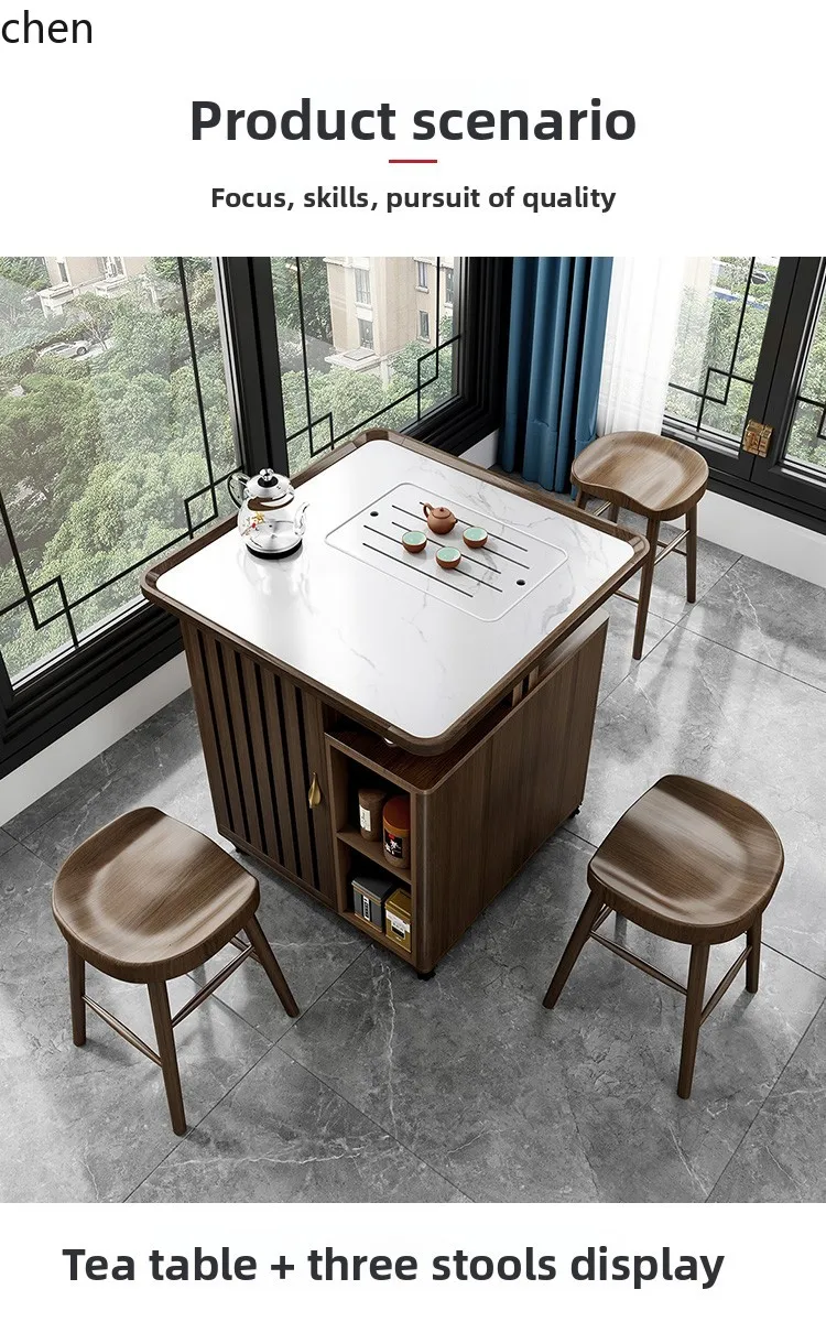 Chairs - i5.15 ชุดโต๊ะน้ำชาและเก้าอี้ระเบียงพร้อมล้อเลื่อน แผ่นหินและไม้เนื้อแข็ง เหมาะสำหรับบ้านขนาดเล็ก รถเข็นน้ำชาสไตล์เซน