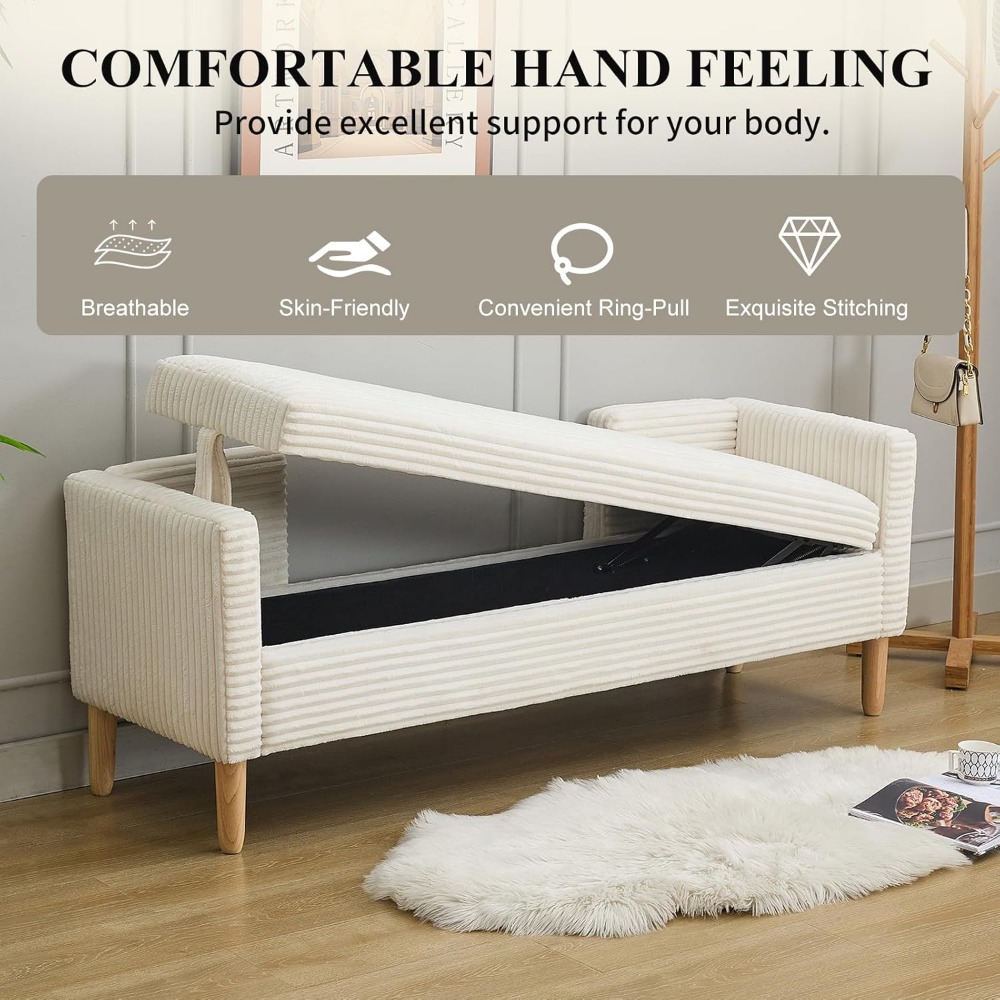 Bedroom Furniture - ม้านั่งปลายเตียงขาไม้ พร้อมที่เก็บของขนาดใหญ่ 65 นิ้ว ม้านั่งออตโตมันพร้อมหมอน 2