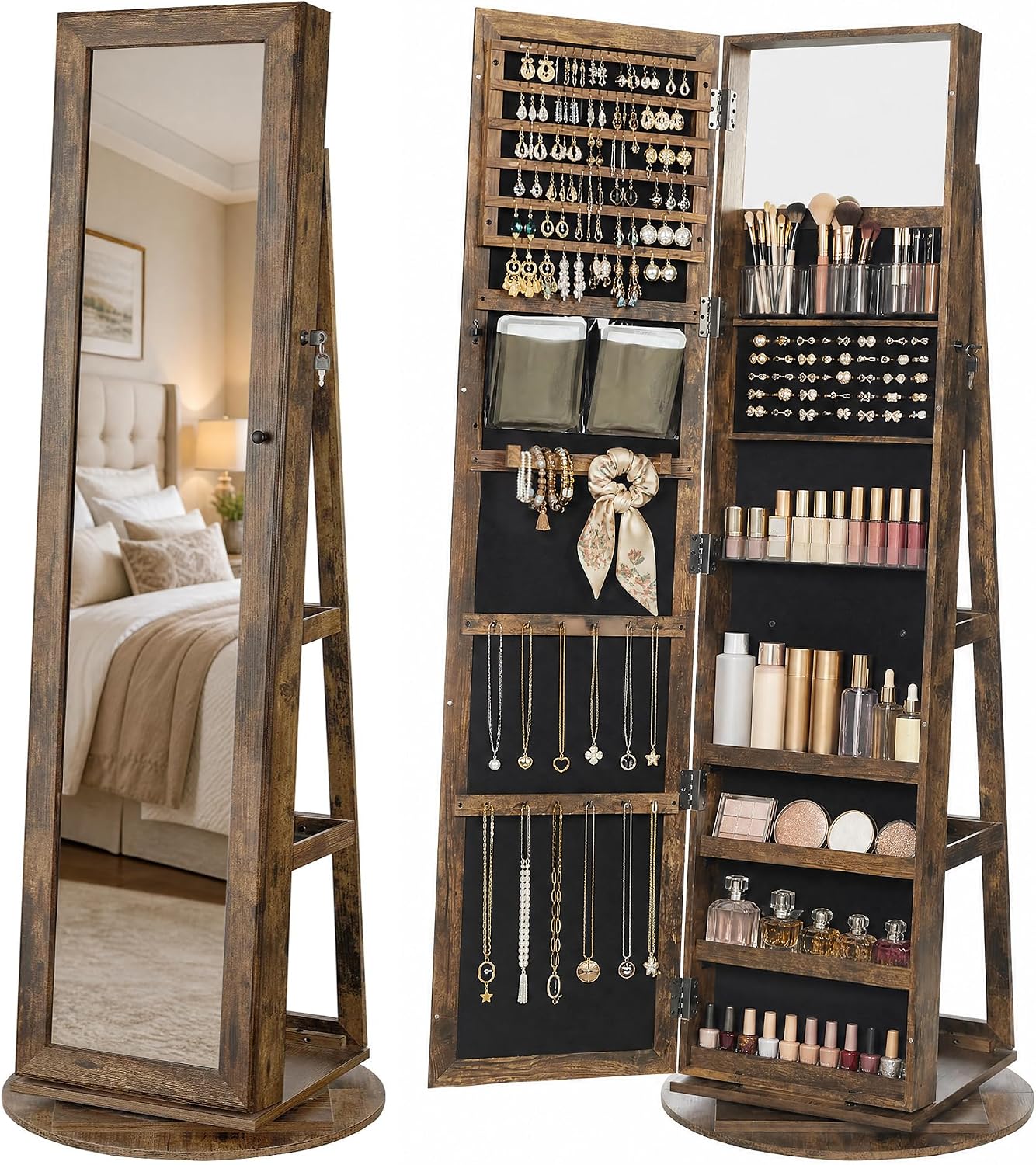 Full Length Mirror Jewelry Armoire - ตู้เก็บเครื่องประดับแบบตั้งพื้น พร้อมกระจกเต็มตัวและที่เก็บของ | ตู้เก็บเครื่องประดับแบบหมุนได้, ตู้จัดเก็บแบบหมุนพร้อมระบบล็อค, ช่องเก็บของด้านหลัง