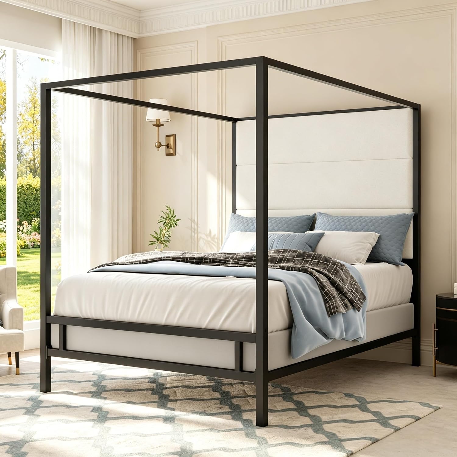Canopy Bed Frame Metal Queen - เตียงควีนไซส์แบบมีหลังคา หุ้มกำมะหยี่สูง โครงเตียงโลหะแบบ 4 ขา ต้องใช้บ็อกซ์สปริง