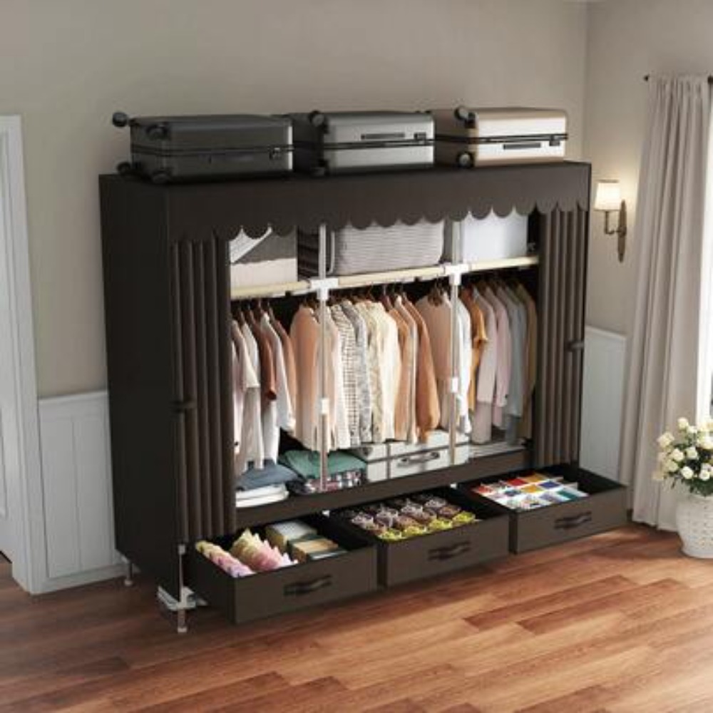 Wardrobe Closet Portable Fabric Cover - ตู้เสื้อผ้าแบบพกพาพร้อมโครงเหล็กหนา 16 มม., ตู้เสื้อผ้าแบบตั้งพื้นพร้อมผ้าคลุมกันฝุ่น, ราวแขวน 3