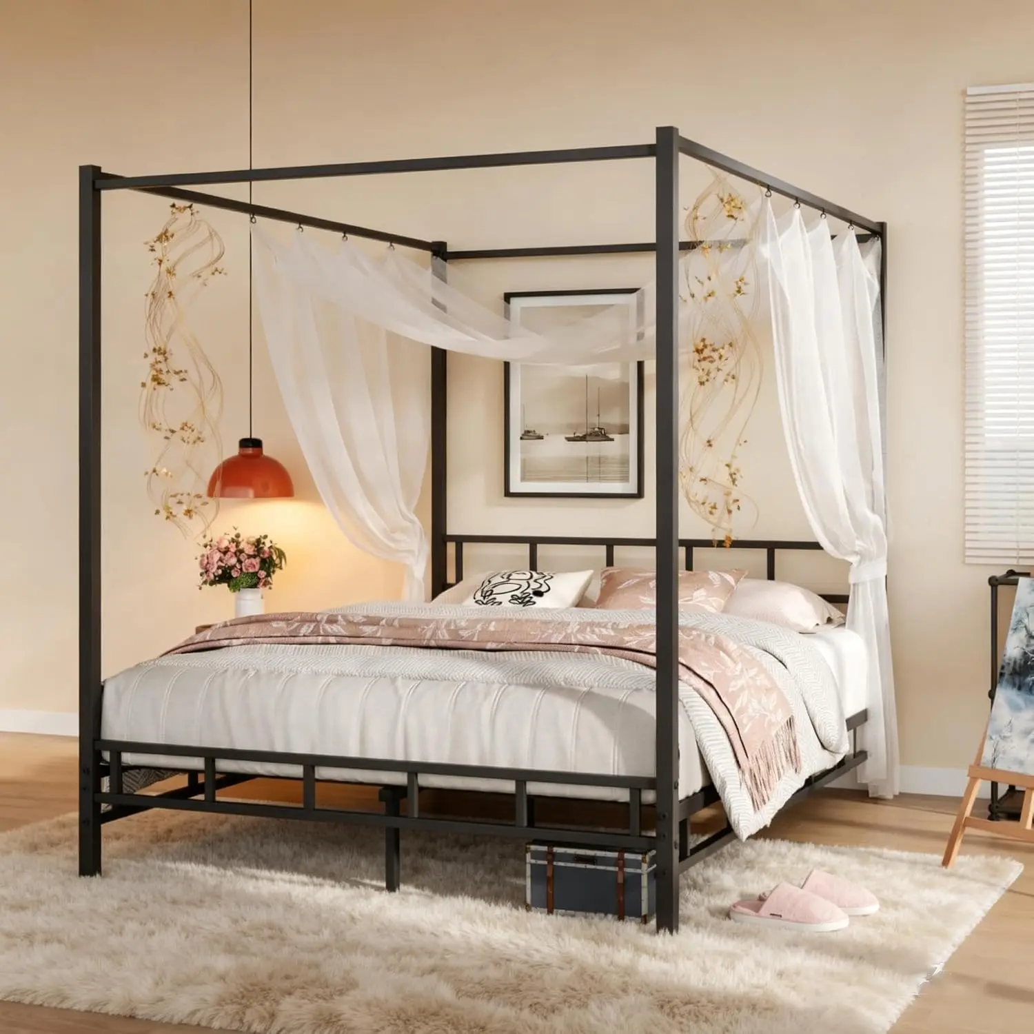 Canopy Bed Frame Metal Queen - โครงเตียงโลหะแบบมีหลังคา ขนาดควีนไซส์ พร้อมฐานรองที่นอนและแผ่นรองรับโลหะ มีพื้นที่เก็บของใต้เตียง ไม่มีลิ้นชัก