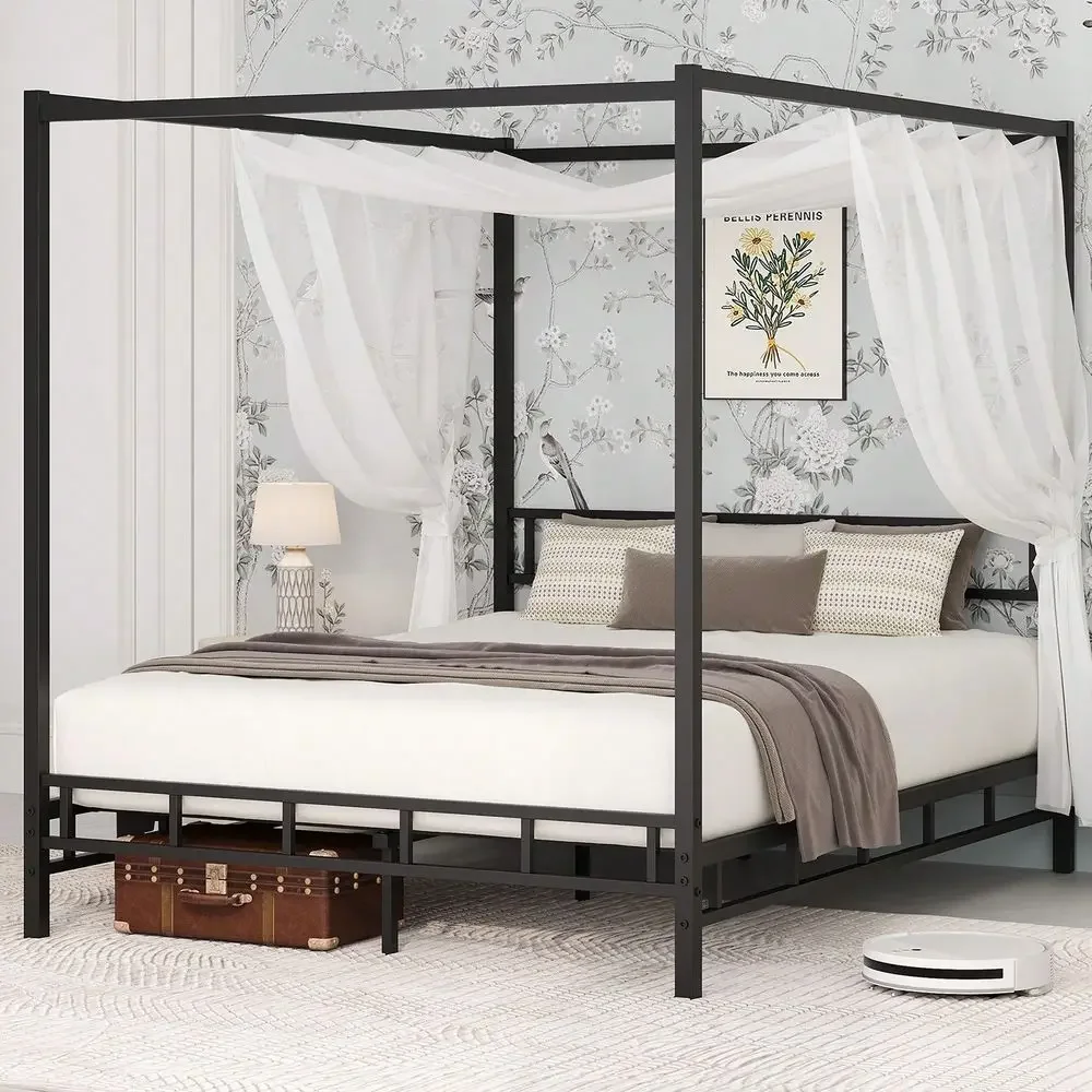 Canopy Bed Frame Metal Queen - โครงเตียงโลหะแบบมีหลังคา, โครงเตียงขนาดควีนไซส์พร้อมแผ่นรองรับโลหะ, ฐานรองที่นอน, ไม่ต้องใช้บ็อกซ์สปริง, ประกอบง่าย, เตียง