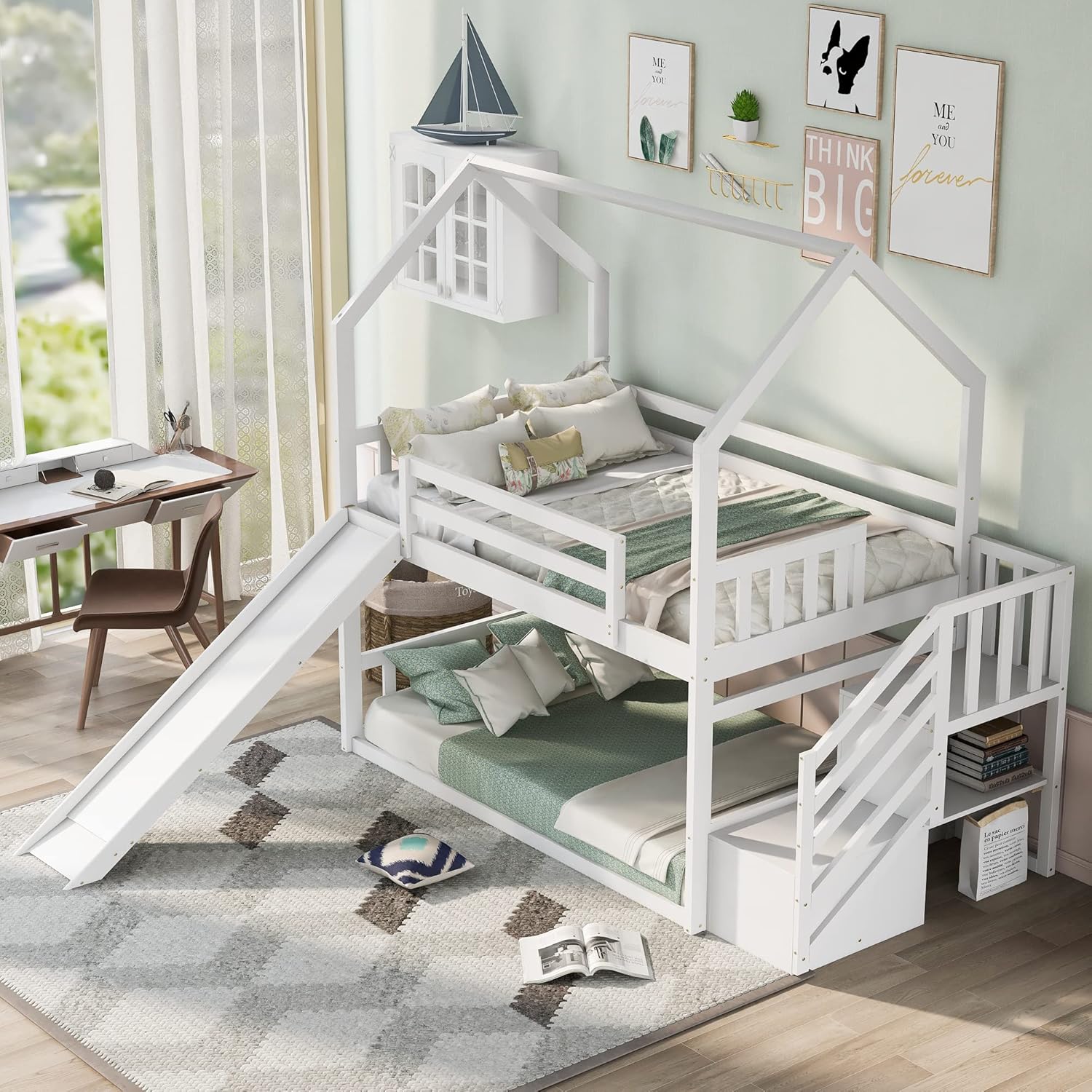 Bunk Bed With Stairs And Slide - เตียงสองชั้นแบบ Twin Over Twin พร้อมสไลด์และบันได, โครงเตียงไม้แบบบ้านพร้อมชั้นวางของสำหรับเด็กชายและเด็กหญิง,