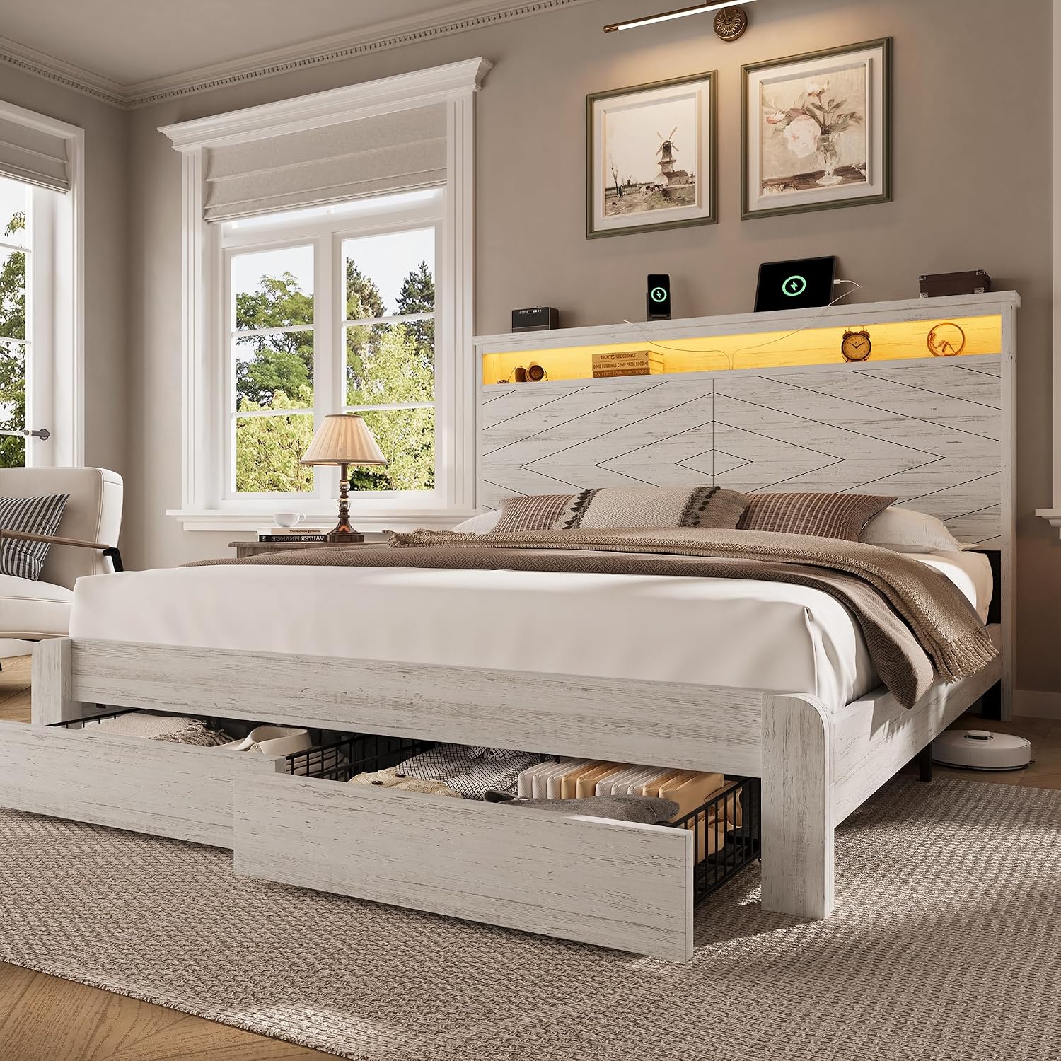 King Size Bed Frame With Storage Drawers - โครงเตียงไม้ขนาดคิงไซส์พร้อมหัวเตียง | ลิ้นชักเก็บของ 2 ช่อง, ไฟ