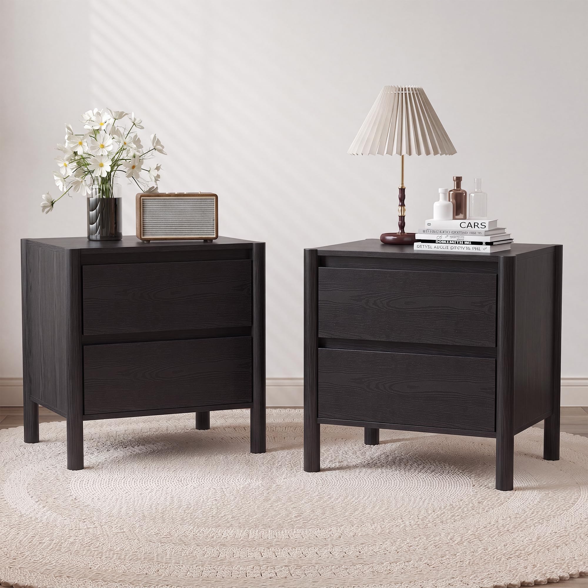 Solid Wood Nightstand 2 Drawers - ชุดโต๊ะข้างเตียงสีดำสไตล์มิดเซ็นจูรีโมเดิร์น 2 ตัวสำหรับห้องนอน | โต๊ะข้างเตียงพร้อมลิ้นชัก 2