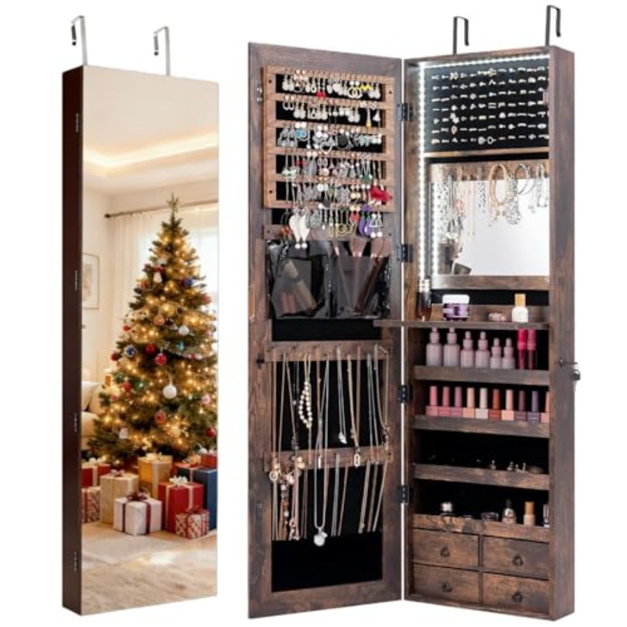 Full Length Mirror Jewelry Armoire - ตู้เก็บเครื่องประดับ LED 47 ดวง สำหรับใช้ในห้องนอนหรือโต๊ะเครื่องแป้ง ทำจากไม้