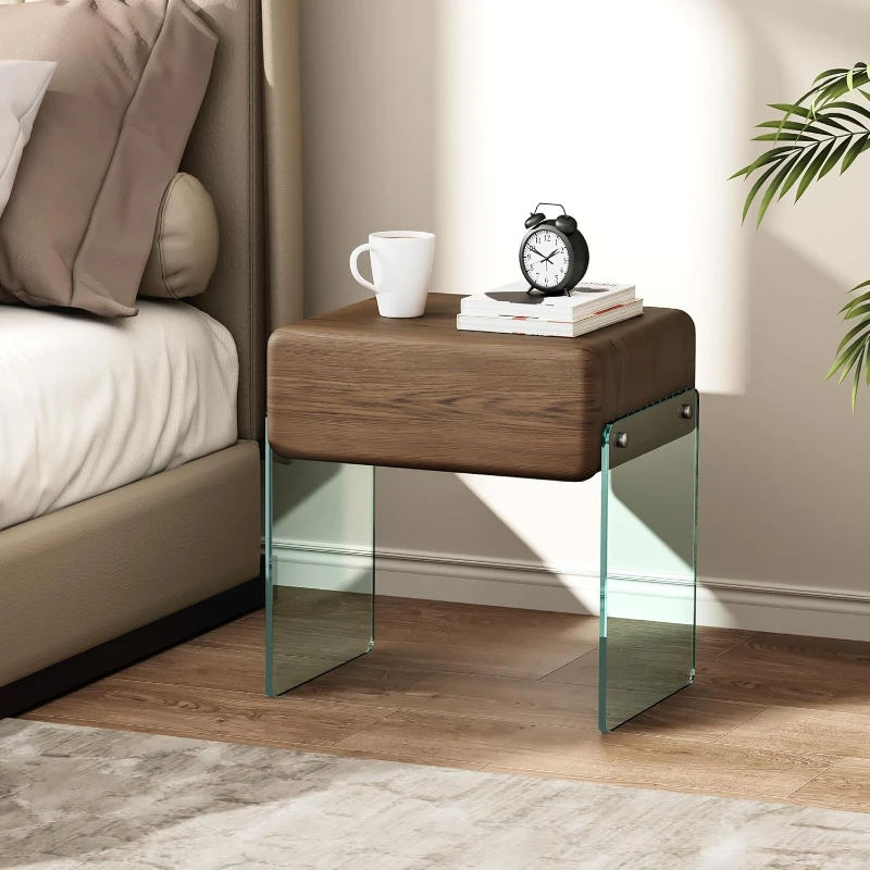 Solid Wood Nightstand 2 Drawers - โต๊ะข้างเตียงพร้อมลิ้นชัก ขาโต๊ะทำจากกระจกใส หน้าโต๊ะหุ้มหนังเทียม ลิ้นชักไม้เนื้อแข็ง สำหรับห้องนอน สีเทาป๊อปลาร์