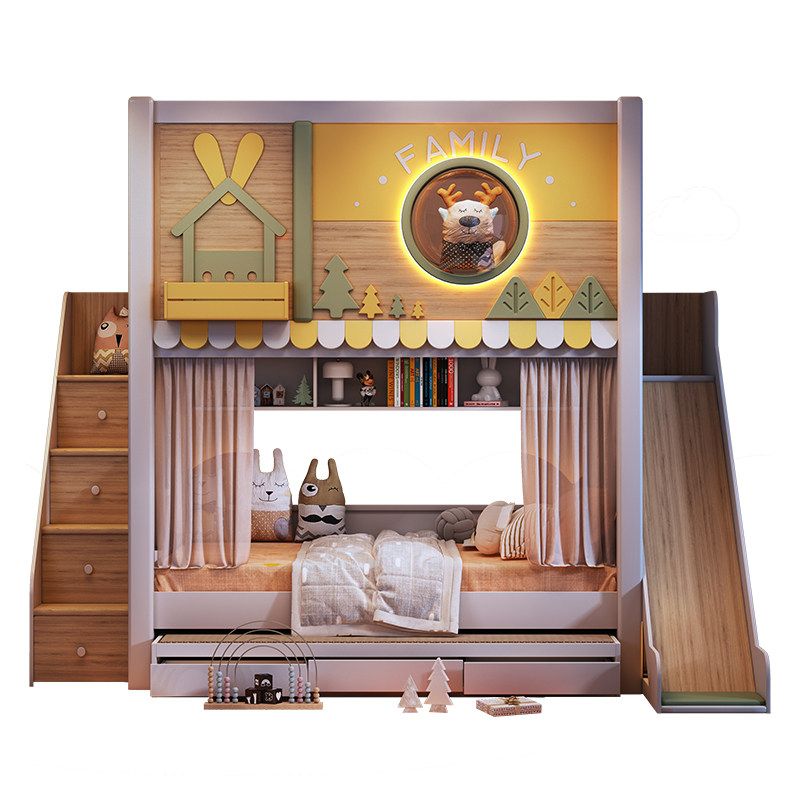 Bunk Bed With Stairs And Slide - เตียงสองชั้นสำหรับเด็กธีมป่าไม้สมัยใหม่ พร้อมสไลเดอร์ บันไดเก็บของ ลิ้นชัก ชั้นวางหนังสือ เฟอร์นิเจอร์ห้องนอนเด็กชายหญิง