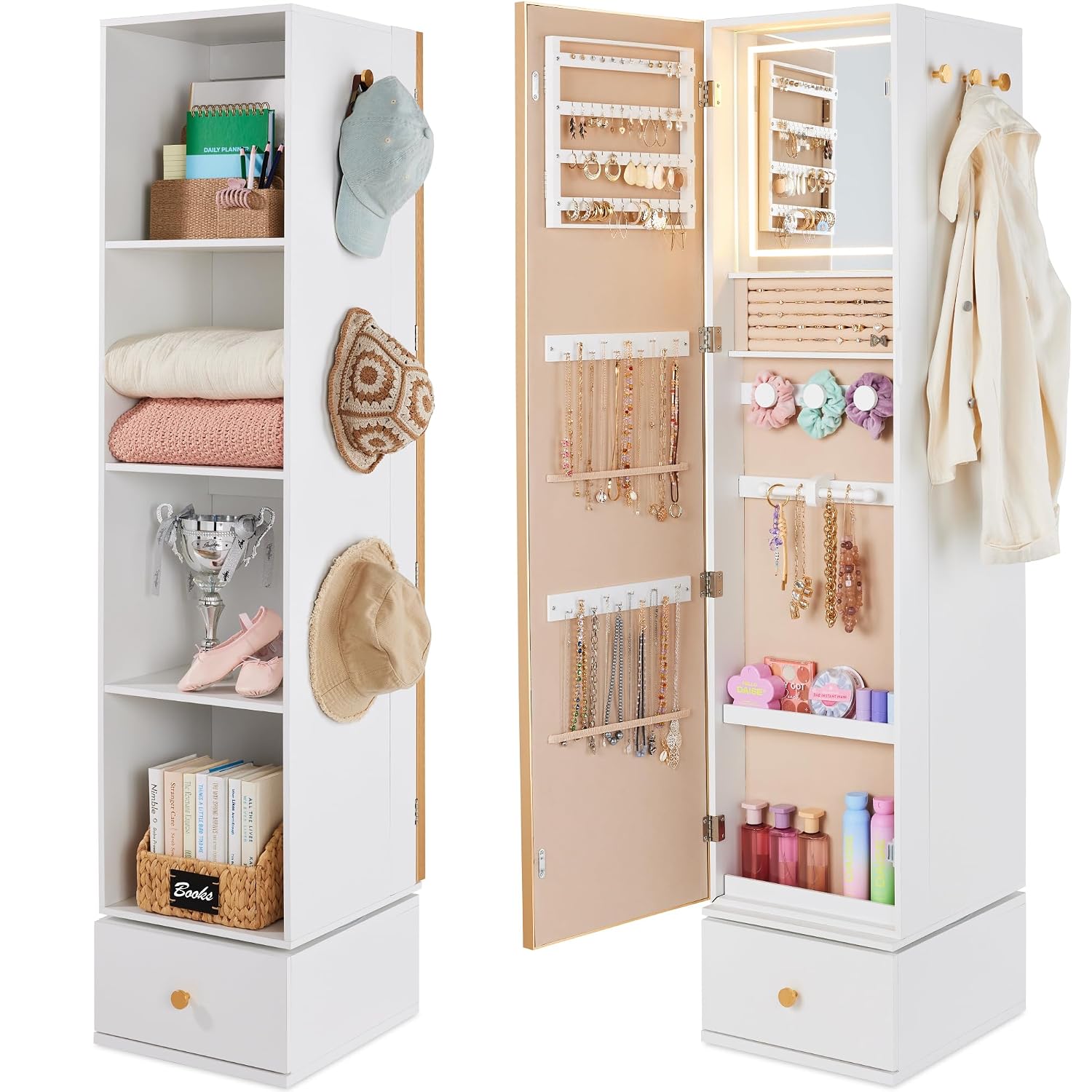 Full Length Mirror Jewelry Armoire - กระจกหมุนพร้อมตู้เก็บของ, ตู้เก็บเครื่องประดับหมุนได้ 360 องศาพร้อมกระจกเต็มตัว, โครงโลหะสีทองพร้อมชั้นวางแบบลูกบาศก์