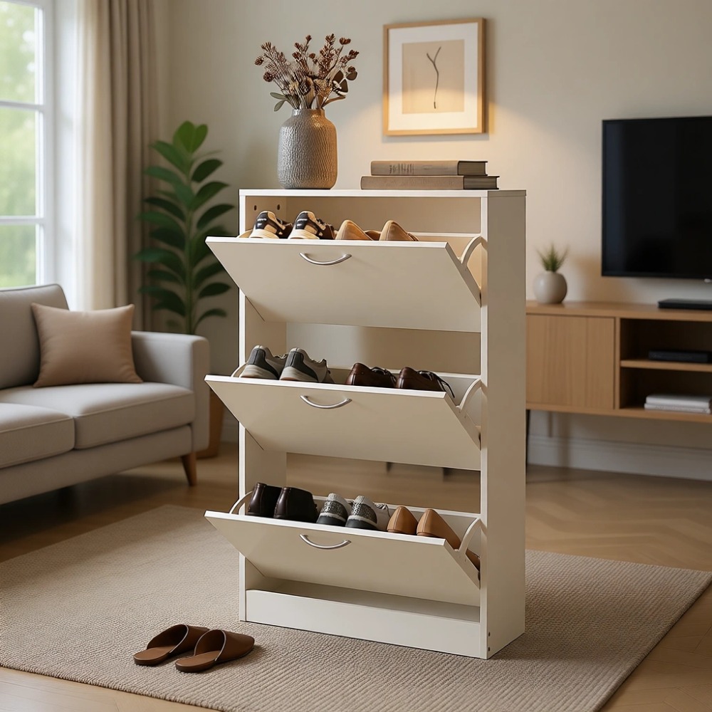 Shoe Rack Cabinet Narrow Entryway - ตู้เก็บรองเท้าแบบแคบสำหรับทางเข้าบ้านพร้อมลิ้นชักแบบเปิด-ปิด 3 ช่อง - ชั้นวางรองเท้าไม้แบบบางสำหรับบ้านและอพาร์ตเมนต์