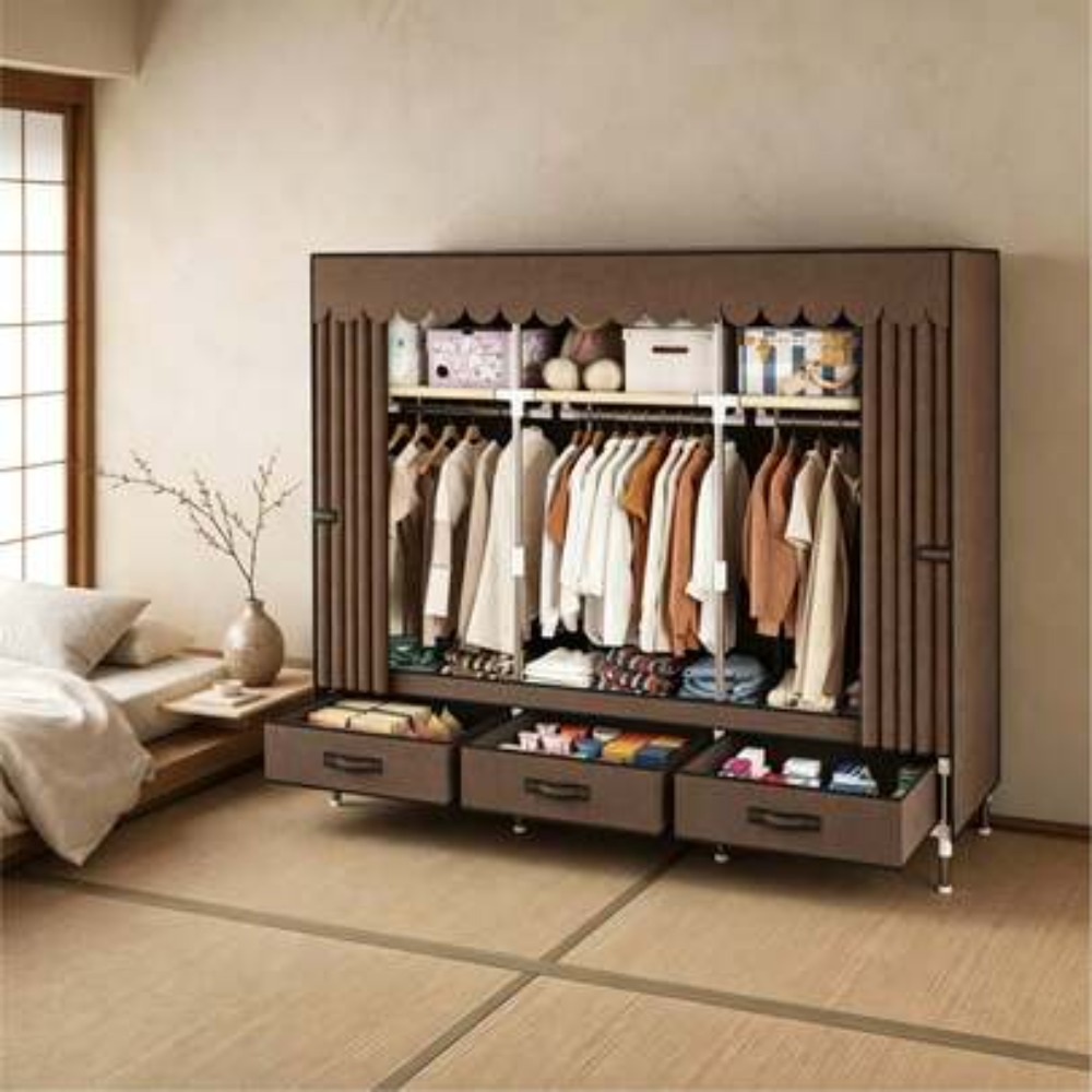 Wardrobe Closet Portable Fabric Cover - ตู้เสื้อผ้าแบบพกพาพร้อมโครงเหล็กหนา 16 มม., ราวแขวนเสื้อผ้าแบบตั้งพื้นพร้อมผ้าคลุมกันฝุ่น, มีราวแขวน 3