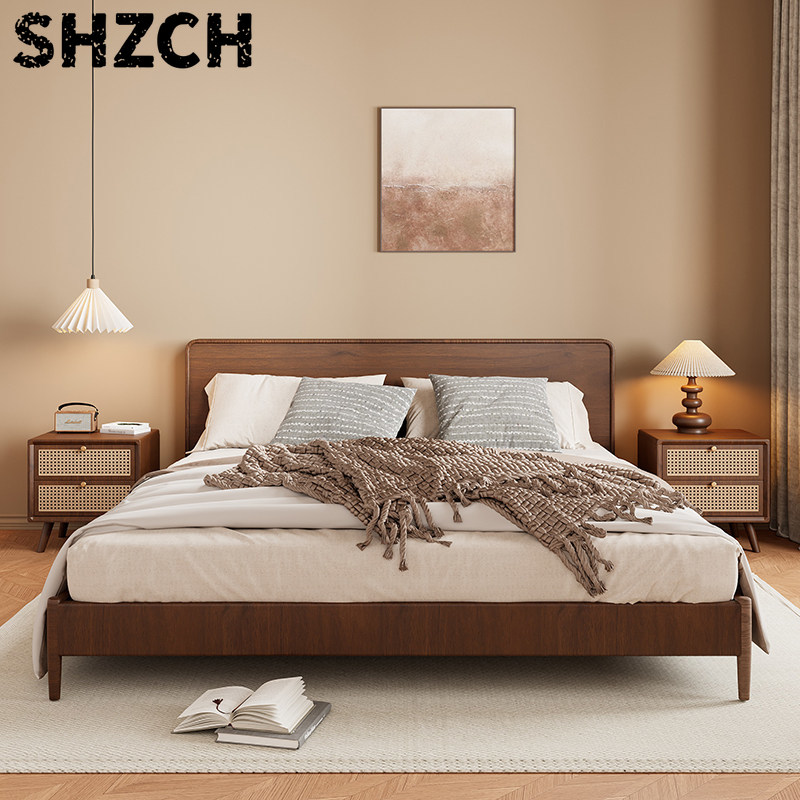 Solid Wood Nightstand 2 Drawers - โต๊ะข้างเตียงไม้เนื้อแข็งพร้อมลิ้นชักหวายสาน โต๊ะข้างเตียงวอลนัทสำหรับห้องนอน ตู้เก็บของสองลิ้นชัก โต๊ะข้างเตียงสไตล์มินิมอล