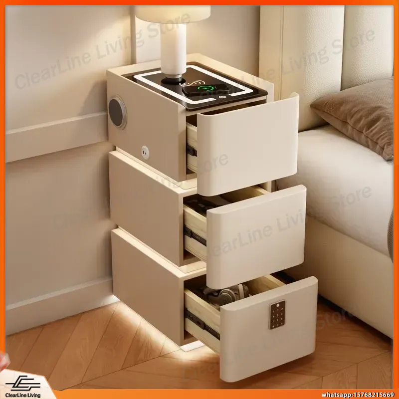 Floating Nightstand With Led Light - โต๊ะข้างเตียงไม้จริง 3 ชั้น แบบลอยตัว ดีไซน์บางเฉียบ พร้อมไฟ
