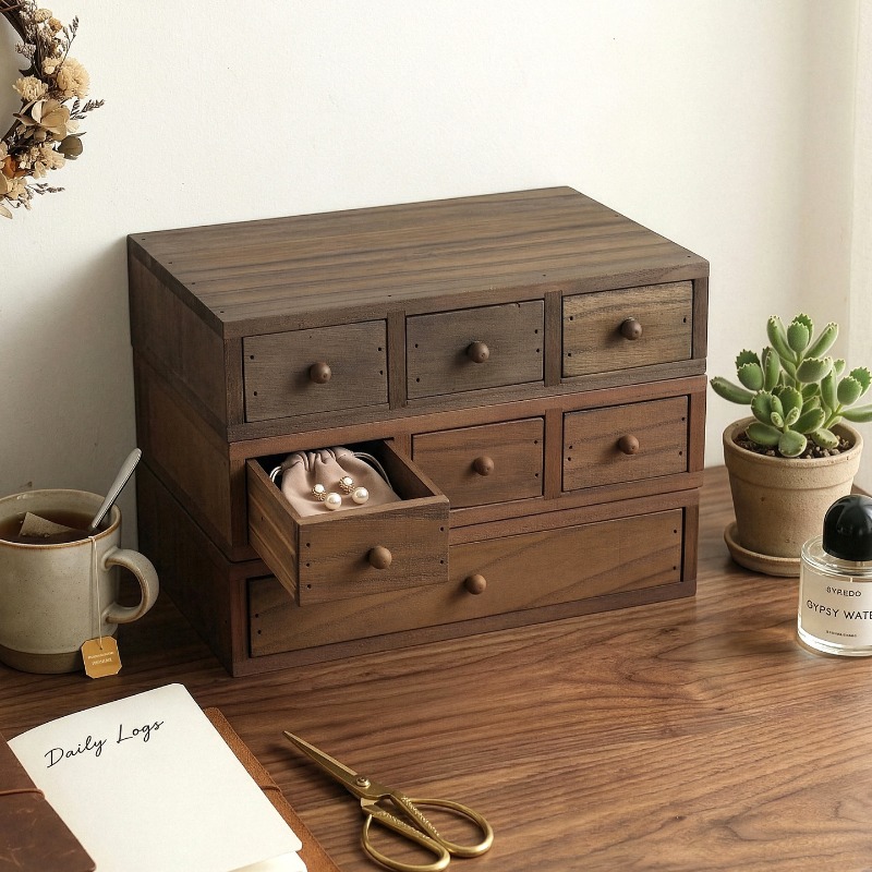 Storage - กล่องเก็บของบนโต๊ะทำงานไม้ ชั้นวางยกสูงสำหรับจอคอมพิวเตอร์ ลิ้นชักเก็บเครื่องประดับ ตู้เก็บของขนาดเล็กสำหรับนักเรียน ตู้เก็บเครื่องเขียน