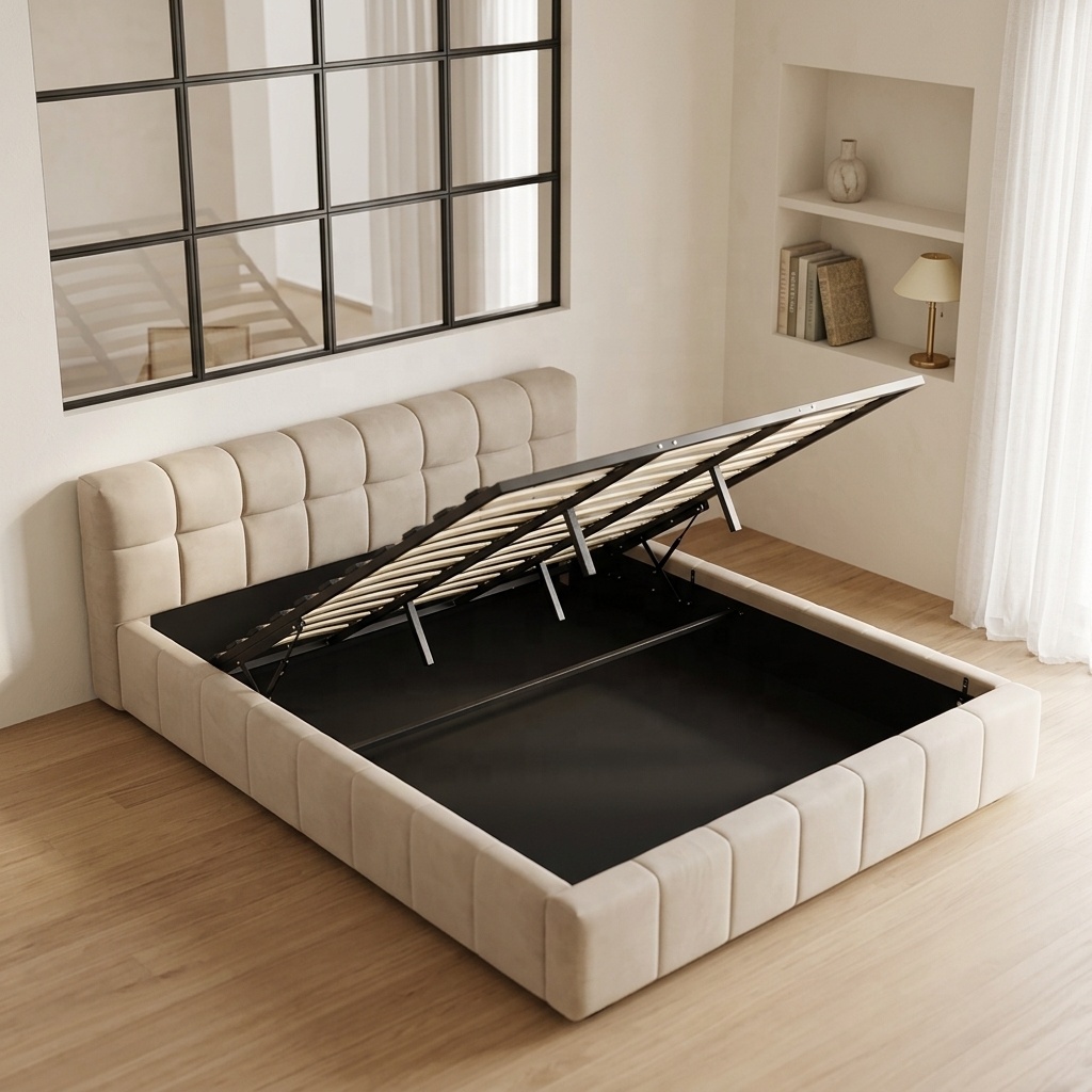 Gas Lift Storage Bed Hydraulic - เตียงนุ่มสไตล์โมเดิร์นพร้อมที่เก็บของ ระบบยกด้วยแก๊ส หุ้มด้วยผ้า โครงไม้สน ขนาดควีนและคิงไซส์