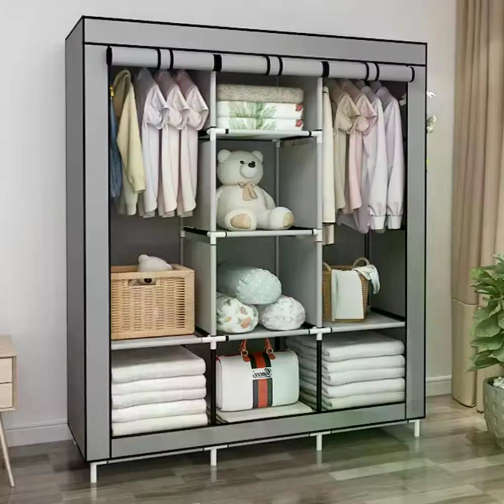 Wardrobe Closet Portable Fabric Cover - ตู้เสื้อผ้าผ้าไม่ทอแบบพกพาขนาด 64 นิ้ว พร้อมฝาปิด, ตู้เสื้อผ้าพับได้อเนกประสงค์, เฟอร์นิเจอร์อพาร์ตเมนต์สีเทาสำหรับจัดเก็บของในห้อง