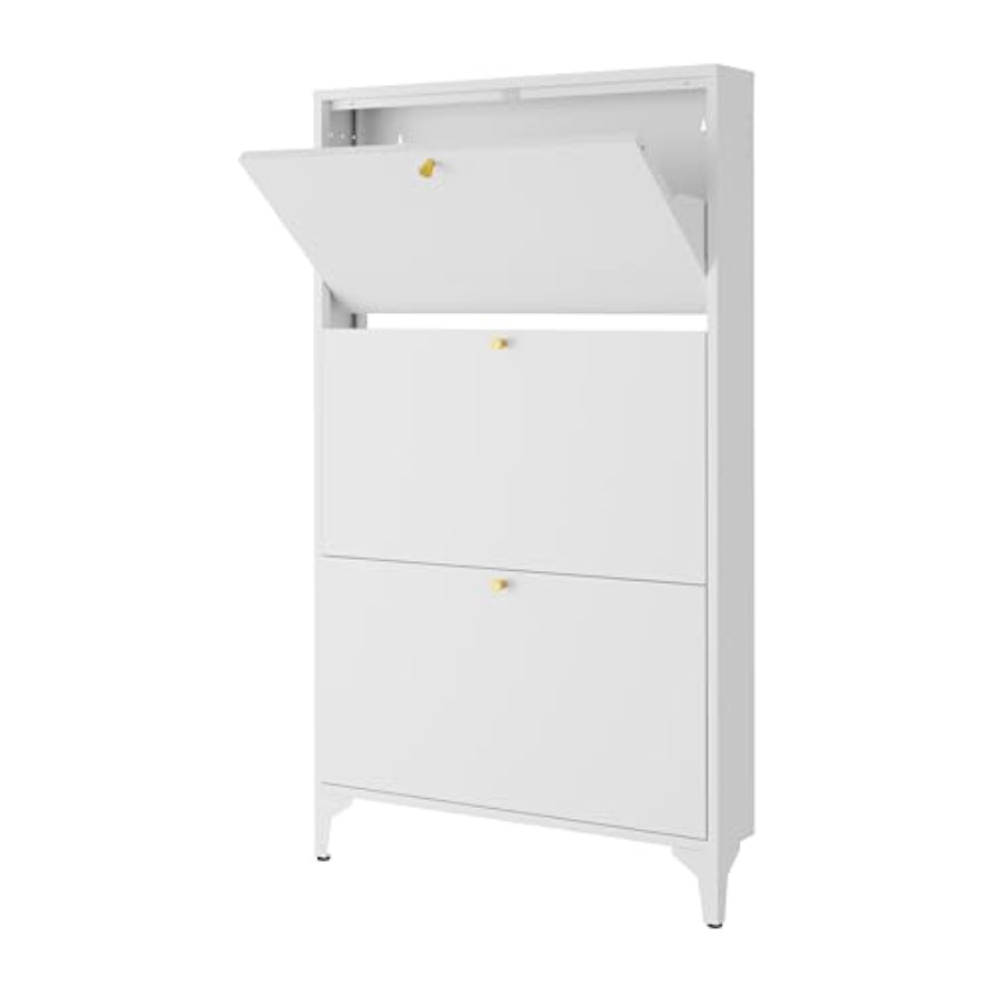 Shoe Rack Cabinet Narrow Entryway - ตู้เก็บรองเท้าแบบตั้งพื้นพร้อมลิ้นชักแบบเปิดปิด 3 ช่อง ชั้นวางรองเท้าโลหะแบบแคบสำหรับทางเข้า โถงทางเดิน ห้องนั่งเล่น