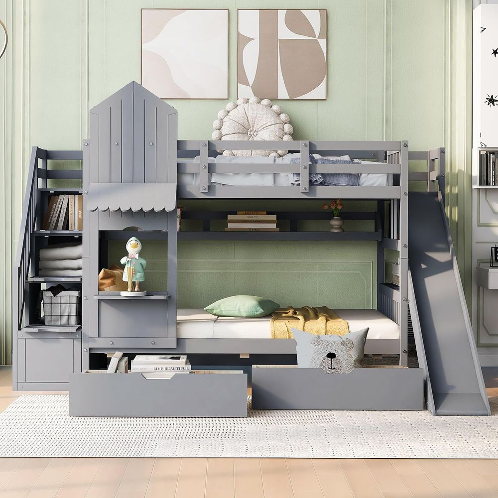 เตียงสองชั้นสำหรับเด็ก emave พ - Bunk Bed With Stairs And Slide บทวิจารณ์และราคา