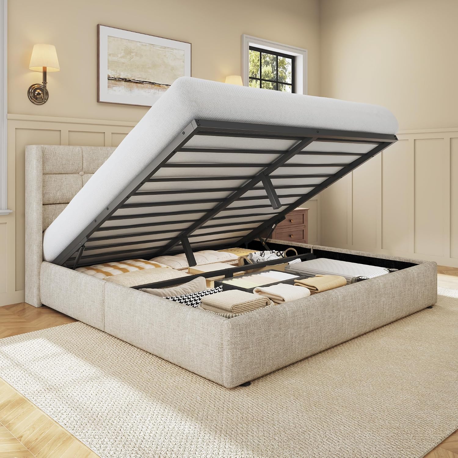 เตียงควีนไซส์พร้อมที่เก็บของ,  - Gas Lift Storage Bed Hydraulic บทวิจารณ์และราคา