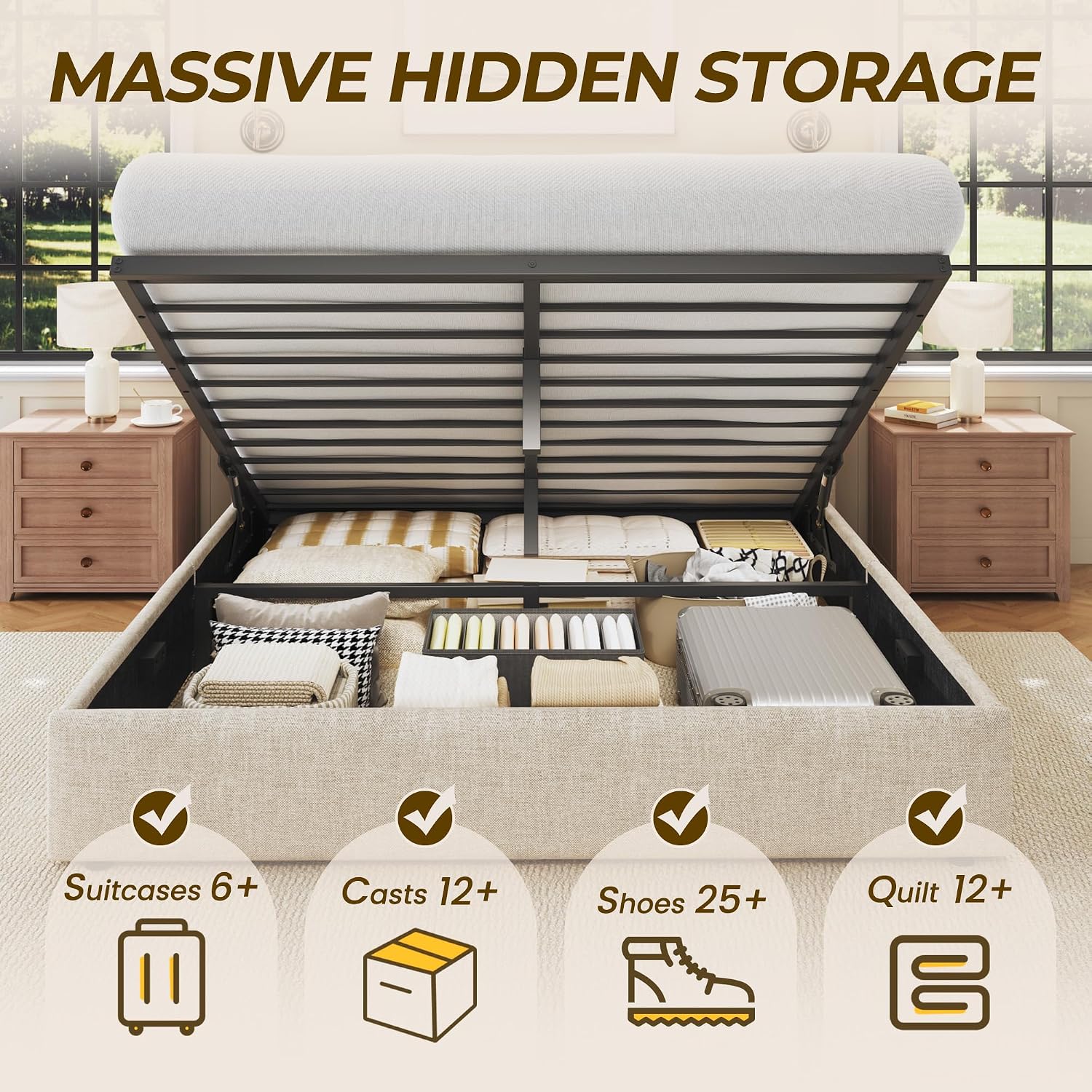เตียงควีนไซส์พร้อมที่เก็บของ,  - Gas Lift Storage Bed Hydraulic บทวิจารณ์และราคา
