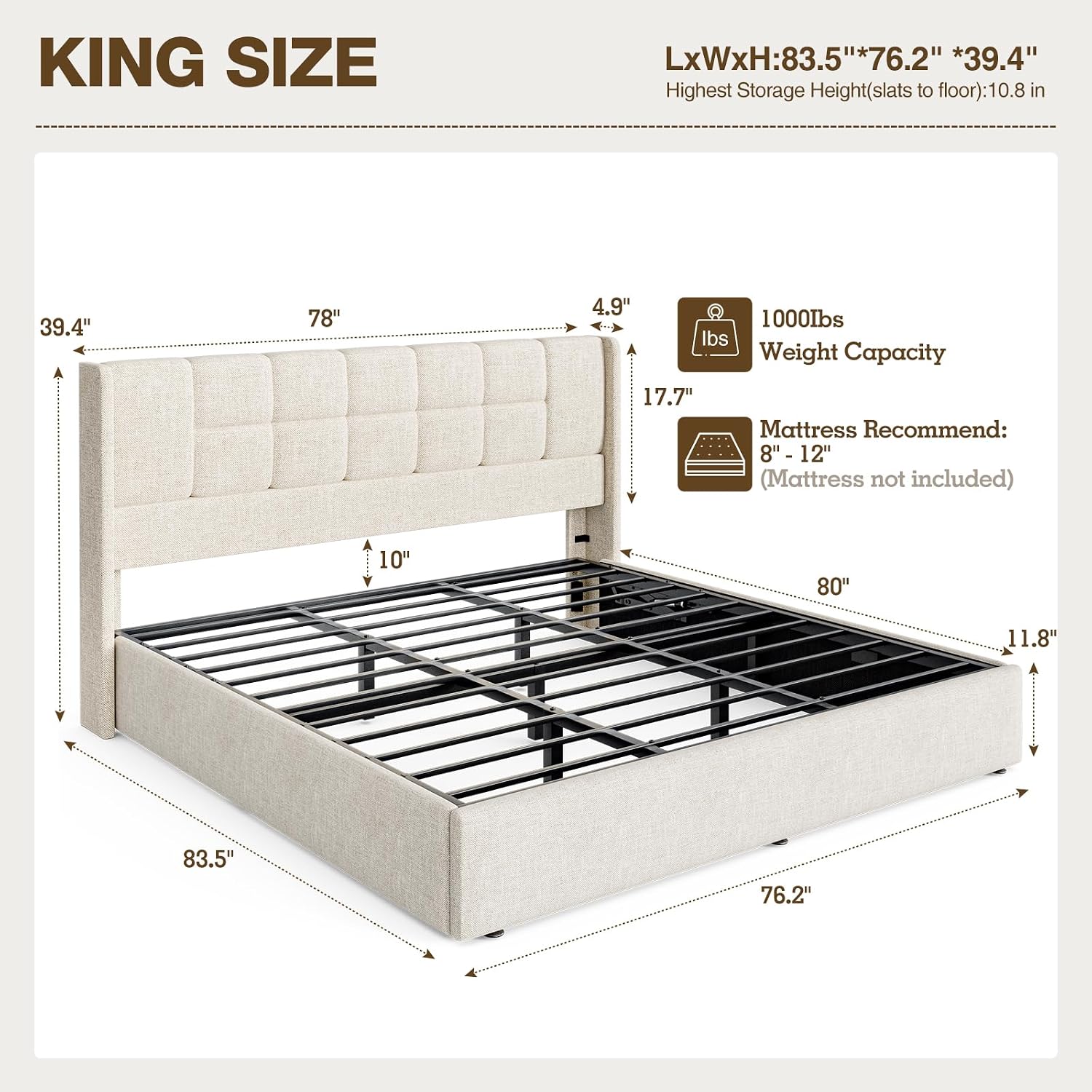 โครงเตียงคิงไซส์หุ้มผ้าลินิน พ - Gas Lift Storage Bed Hydraulic บทวิจารณ์และราคา