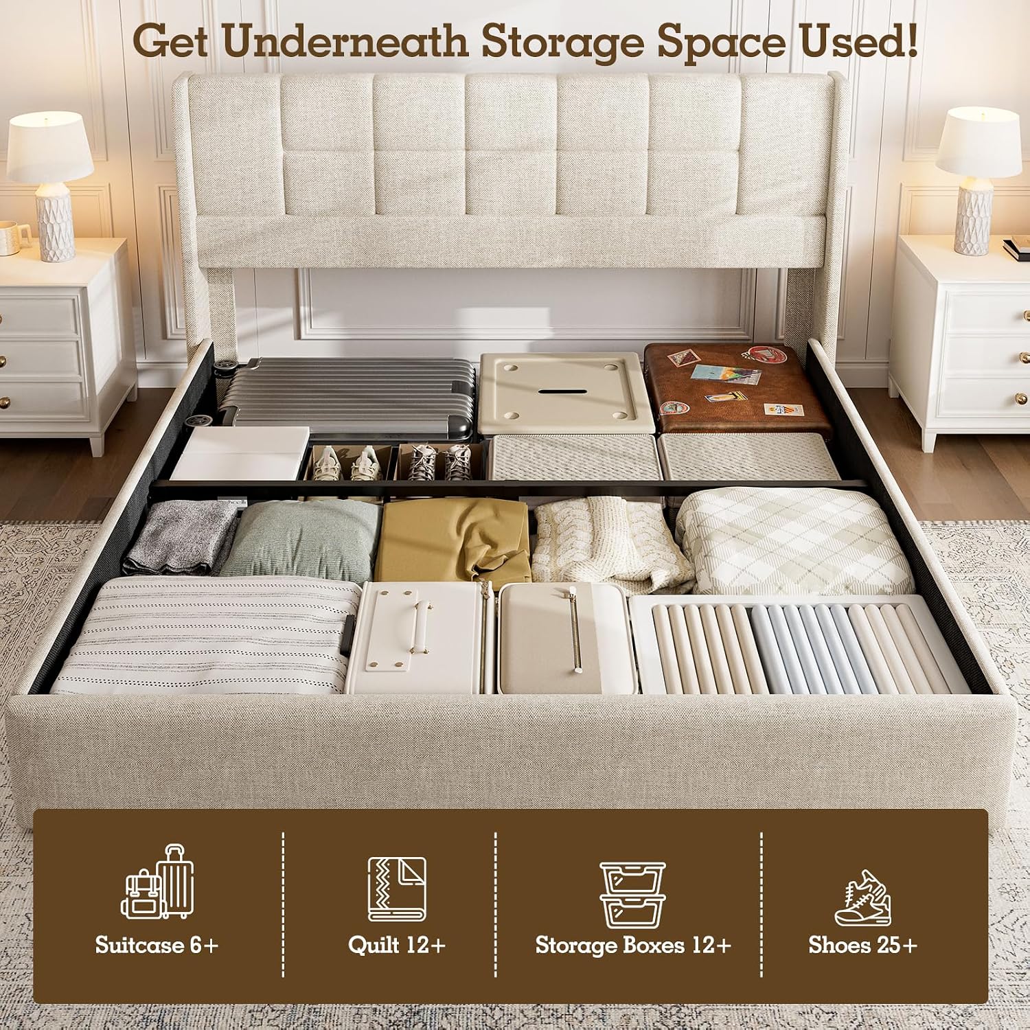 โครงเตียงคิงไซส์หุ้มผ้าลินิน พ - Gas Lift Storage Bed Hydraulic บทวิจารณ์และราคา
