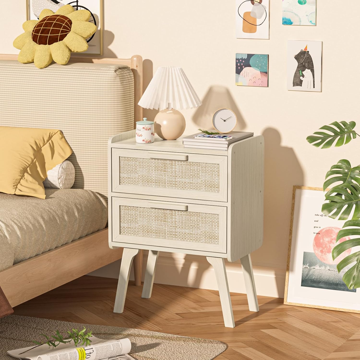ชุดโต๊ะข้างเตียงหวาย 2 ตัว, โต - Solid Wood Nightstand 2 Drawers บทวิจารณ์และราคา