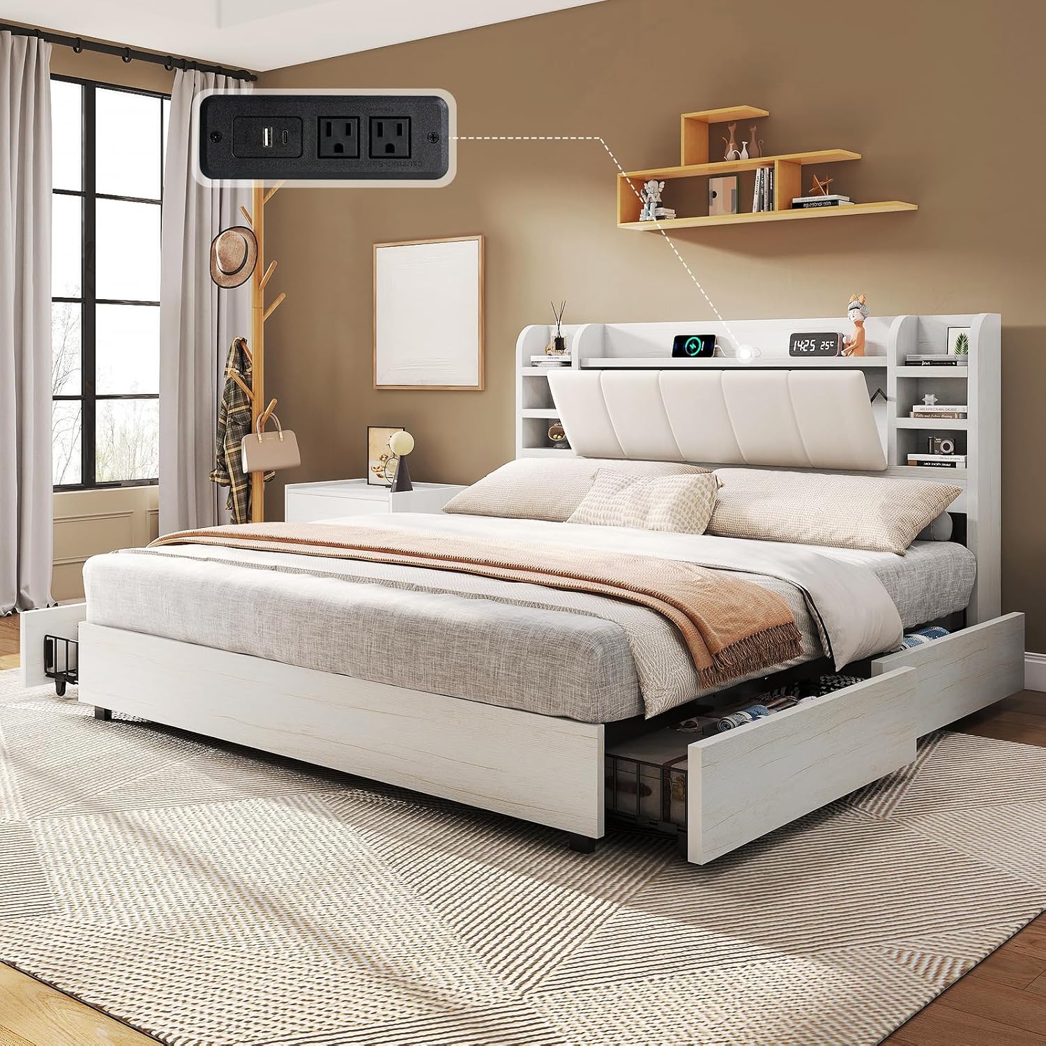 เตียงแพลตฟอร์มหุ้มเบาะขนาดคิงไ - King Size Bed Frame With Storage Drawers บทวิจารณ์และราคา