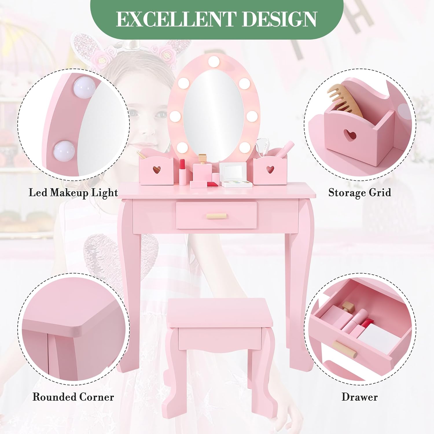 โต๊ะเครื่องแป้งเด็กพร้อมเก้าอี - Dressing Table Vanity With Lighted Mirror บทวิจารณ์และราคา