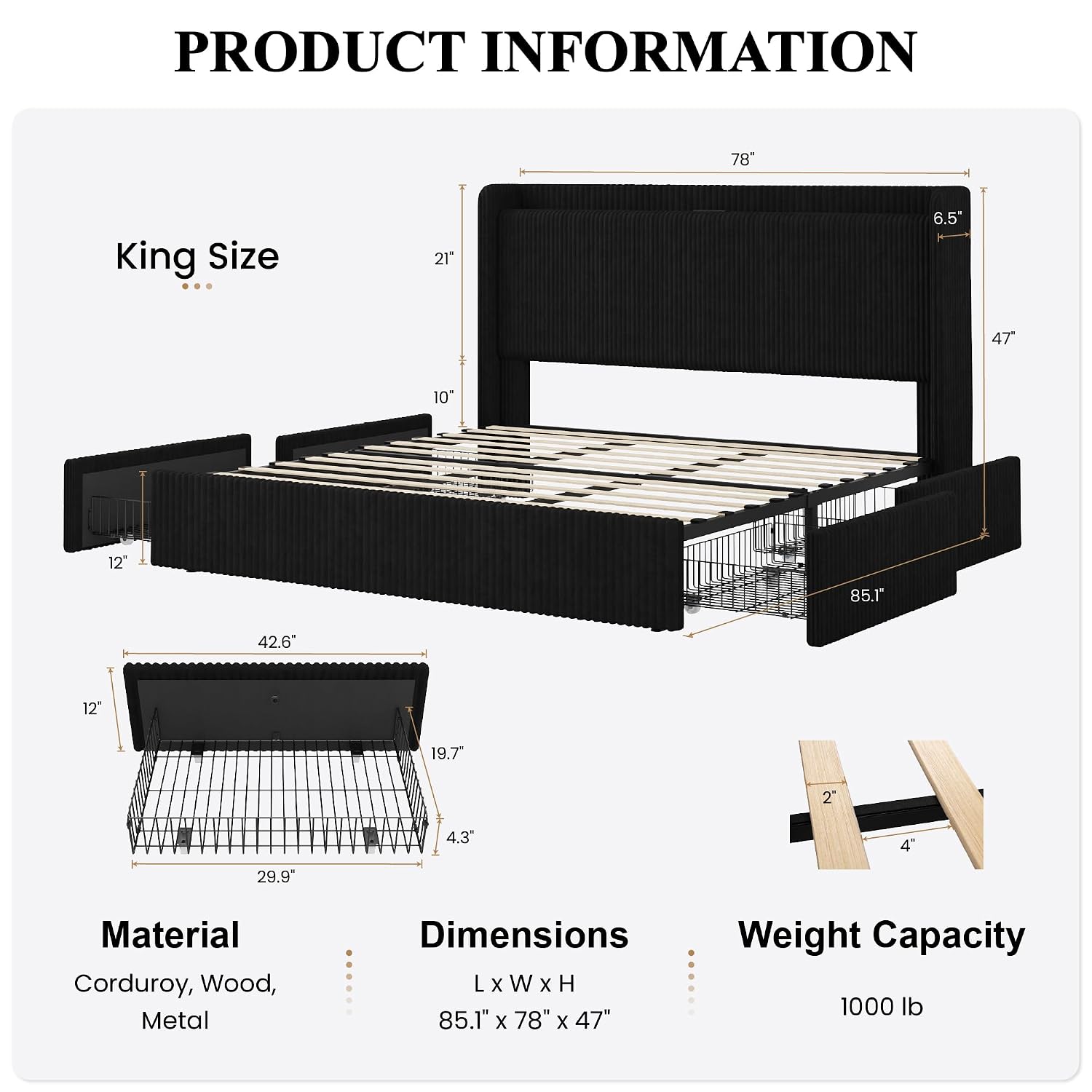 โครงเตียงขนาดคิงไซส์พร้อมลิ้นช - King Size Bed Frame With Storage Drawers บทวิจารณ์และราคา