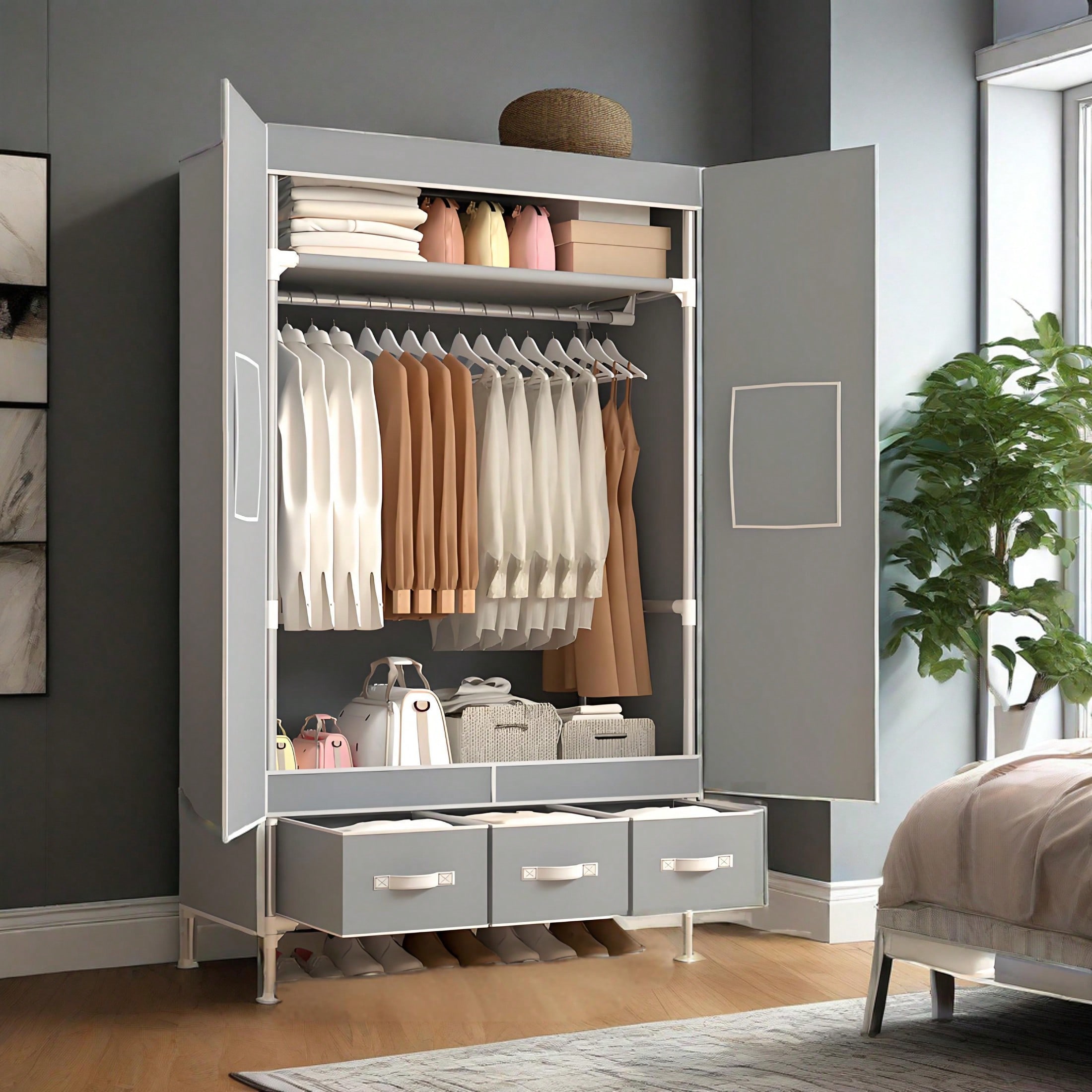 ตู้เสื้อผ้าแบบพกพา ขนาด 57.48  - Wardrobe Closet Portable Fabric Cover บทวิจารณ์และราคา