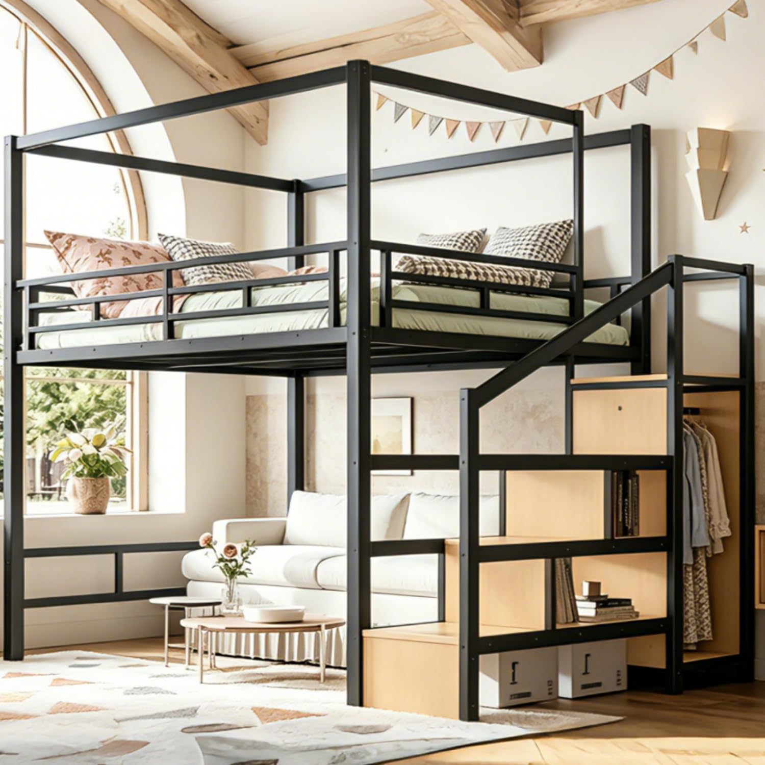 เตียงลอฟท์แบบควีนไซส์พร้อมบันไ - Canopy Bed Frame Metal Queen บทวิจารณ์และราคา