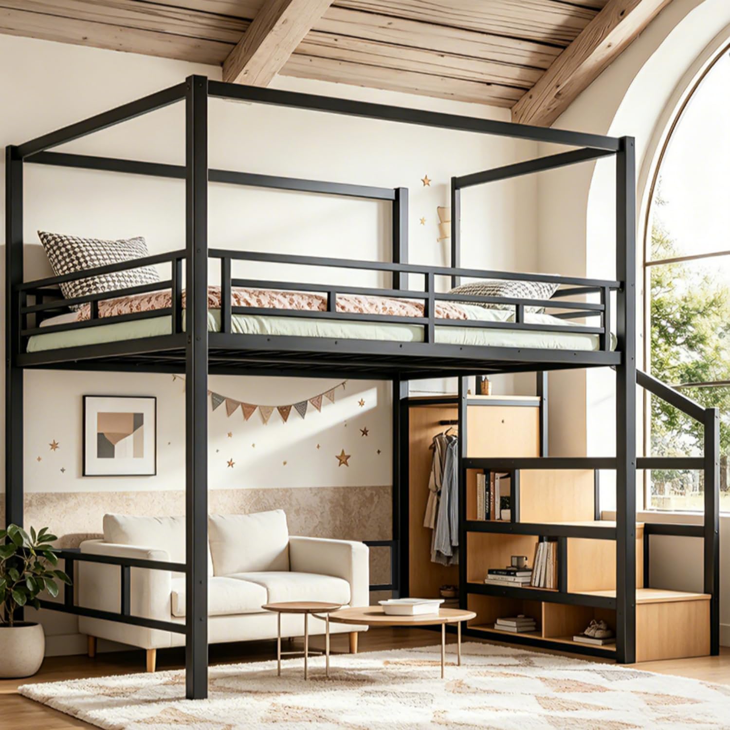 เตียงลอฟท์แบบควีนไซส์พร้อมบันไ - Canopy Bed Frame Metal Queen บทวิจารณ์และราคา