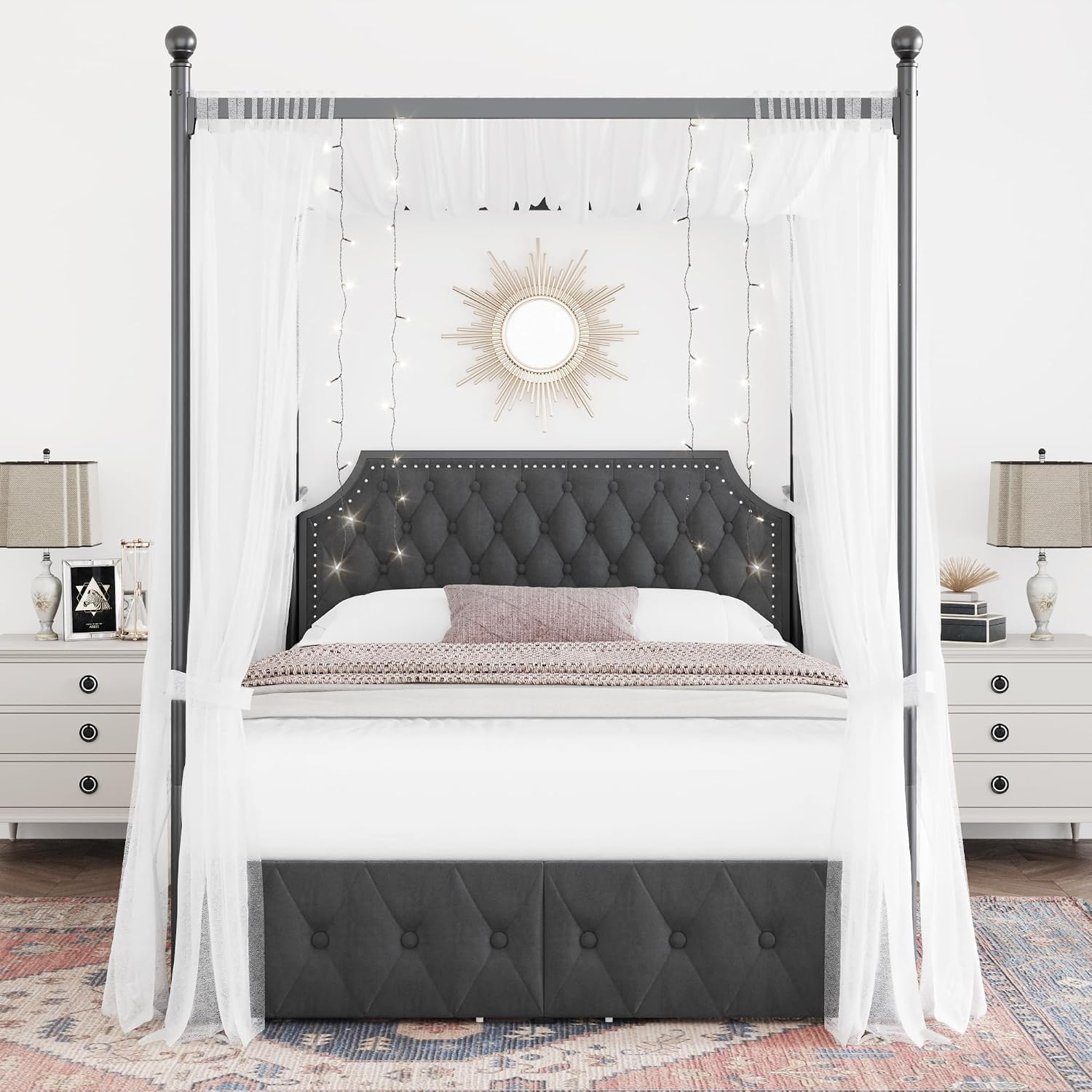 โครงเตียงควีนไซส์พร้อมลิ้นชักเ - Canopy Bed Frame Metal Queen บทวิจารณ์และราคา