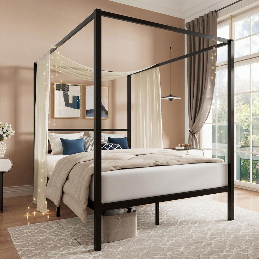 โครงเตียงทรงหลังคาสีดำ ขนาดฟูล - Canopy Bed Frame Metal Queen บทวิจารณ์และราคา