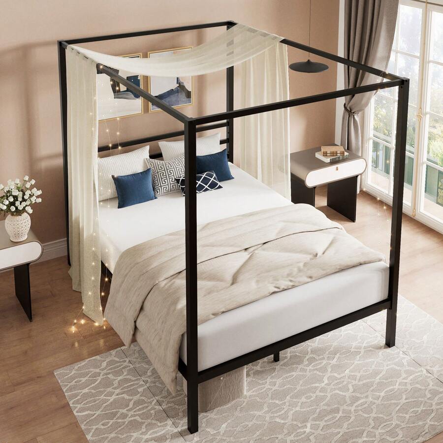 โครงเตียงทรงหลังคาสีดำ ขนาดฟูล - Canopy Bed Frame Metal Queen บทวิจารณ์และราคา